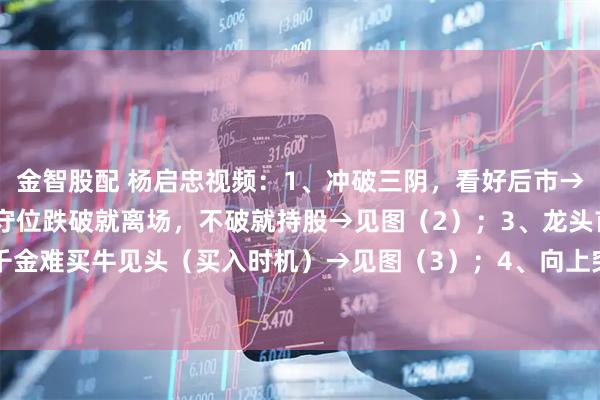 金智股配 杨启忠视频：1、冲破三阴，看好后市→见图（1）；2、死叉防守位跌破就离场，不破就持股→见图（2）；3、龙头首阴，千金难买牛见头（买入时机）→见图（3）；4、向上突破带量，果断要入场→见图（4）
